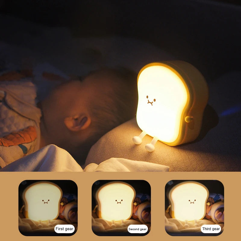 Cartoon Toast Bread LED Night Lights Touch Sensor USB Rechargeable Mobile Phone Holder Silicone Bedroom Desktop Decor Lamp Gifts