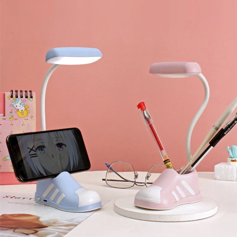 Creative Cute Boot Flexible LED Study Desk Lamp with Phone Holder Bedside Color Adjust Table Lamp for Kids Student Room