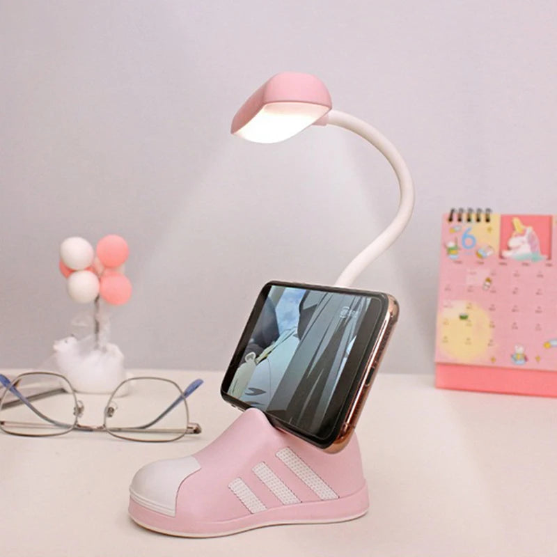 Creative Cute Boot Flexible LED Study Desk Lamp with Phone Holder Bedside Color Adjust Table Lamp for Kids Student Room