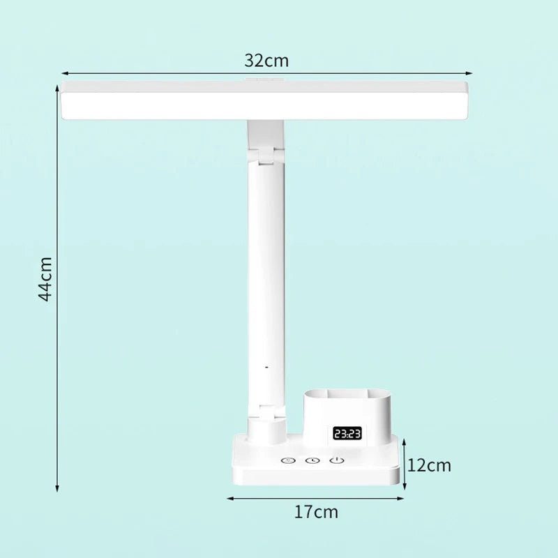 LED Clock Table Lamp USB Chargeable Dimmable Desk Lamp 2 Heads 180 Rotate Foldable Eye Protection Reading Night Light