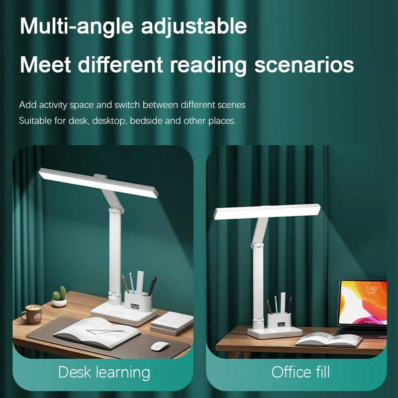 LED Clock Table Lamp USB Chargeable Dimmable Desk Lamp 2 Heads 180 Rotate Foldable Eye Protection Reading Night Light