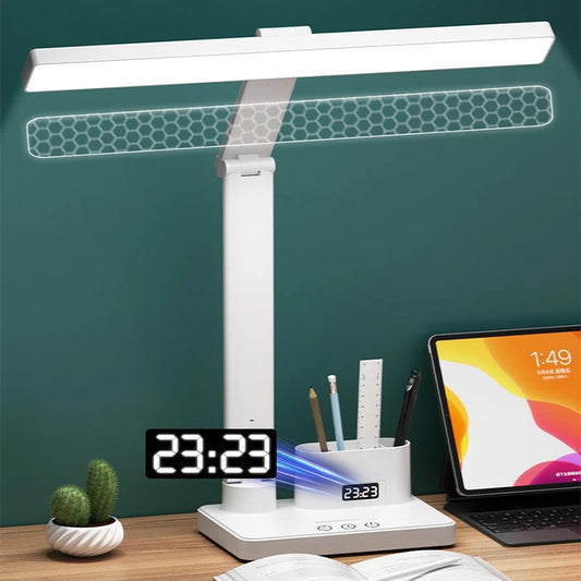 LED Clock Table Lamp USB Chargeable Dimmable Desk Lamp 2 Heads 180 Rotate Foldable Eye Protection Reading Night Light