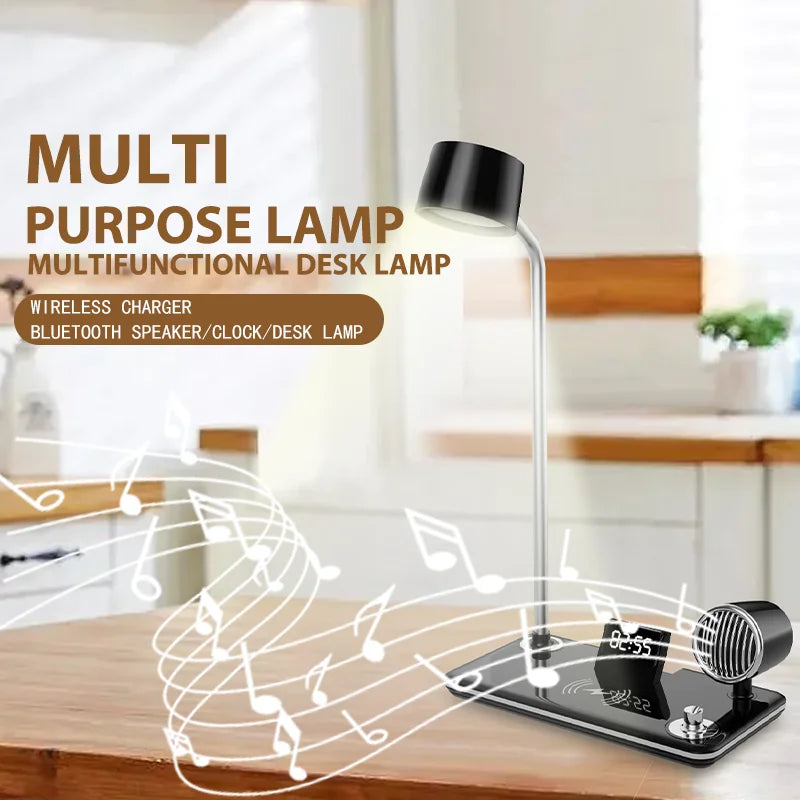 LED Desk Lamp Multifunction Wireless Charger Pad Stand Clock Bluetooth Speaker Night Light USB Port Night Lighting