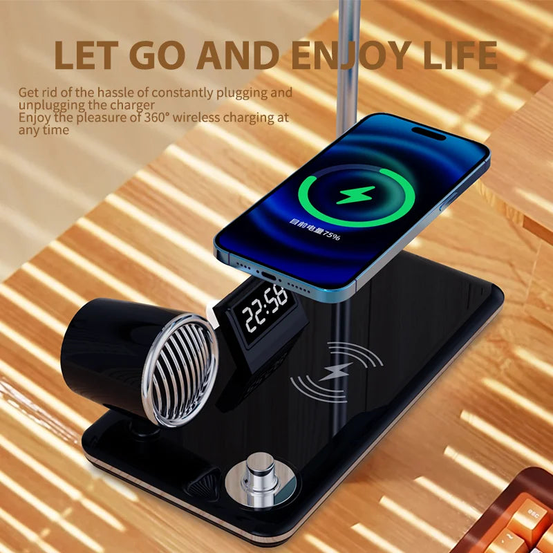 LED Desk Lamp Multifunction Wireless Charger Pad Stand Clock Bluetooth Speaker Night Light USB Port Night Lighting