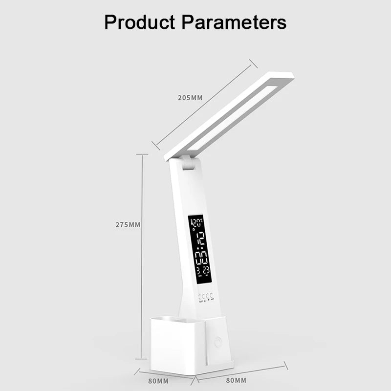 LED Desk Lamp USB Dimmable Touch with Calendar Temperature Clock Night Light Foldable Table Lamp for Study Reading Lamp