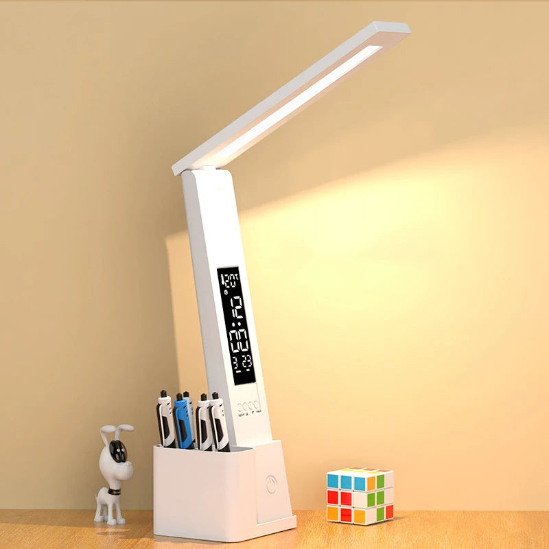 LED Desk Lamp USB Dimmable Touch with Calendar Temperature Clock Night Light Foldable Table Lamp for Study Reading Lamp