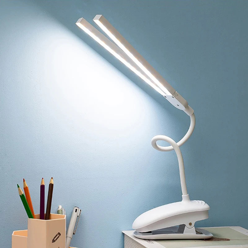 LED Double-headed Reading Table Lamp with Clip Touch Control Dimmable Light Eye Protection for Bedroom Dormitory Study Office