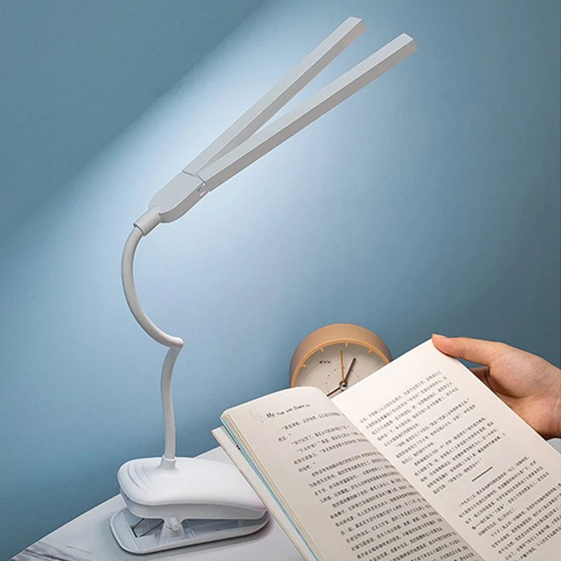 LED Double-headed Reading Table Lamp with Clip Touch Control Dimmable Light Eye Protection for Bedroom Dormitory Study Office