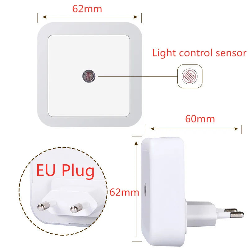 LED Night Light Mini Square Light Control Sensor Bedroom Living Room Corridor Bathroom Eye Protection EU/US Plug Night Lamp