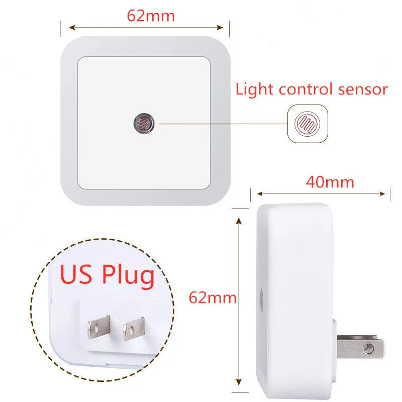 LED Night Light Mini Square Light Control Sensor Bedroom Living Room Corridor Bathroom Eye Protection EU/US Plug Night Lamp