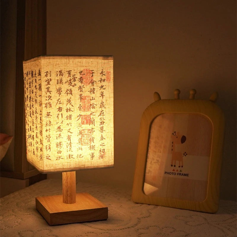 LED Square Decoration Table Lamps Simple Chinese Style Dimmable USB Plug Night Light Fabric Lampshade Bedroom Bedside Lights