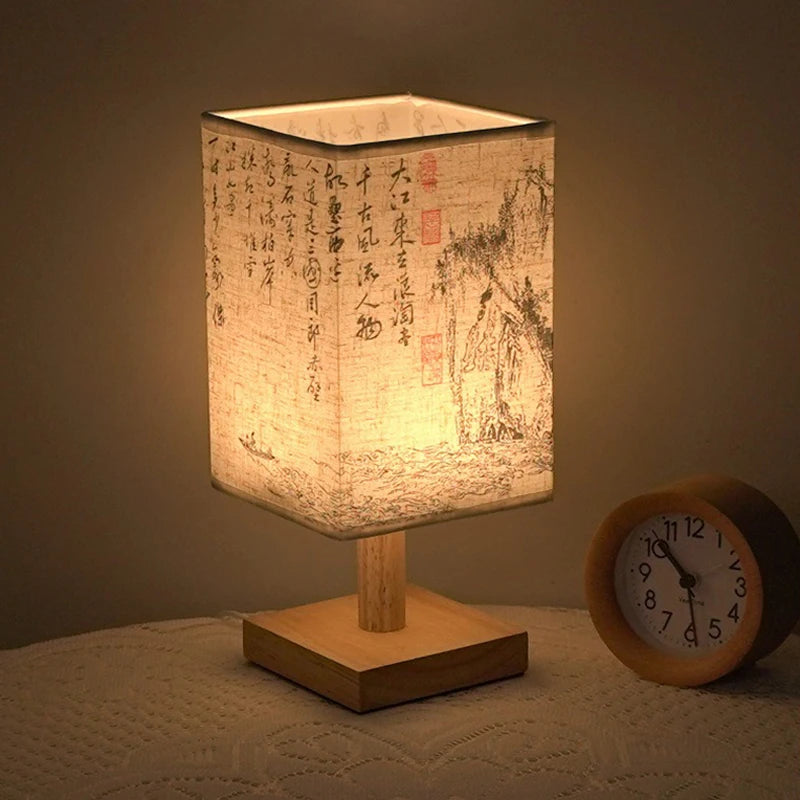 LED Square Decoration Table Lamps Simple Chinese Style Dimmable USB Plug Night Light Fabric Lampshade Bedroom Bedside Lights