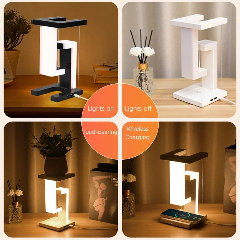 LED Suspending Anti-gravity Night Light with 10W Wireless Charger Desk Lamp Dimmable LED Table Lamp for Bedroom Bedside Decor