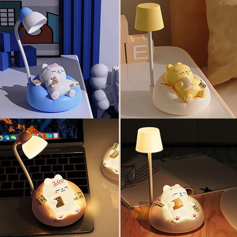 LED Table Night Light Cartoon Cute Pet Animal Bear Pig Cat Dog USB Recharge Battery Child Eye Protection Warm White Desk Lamp