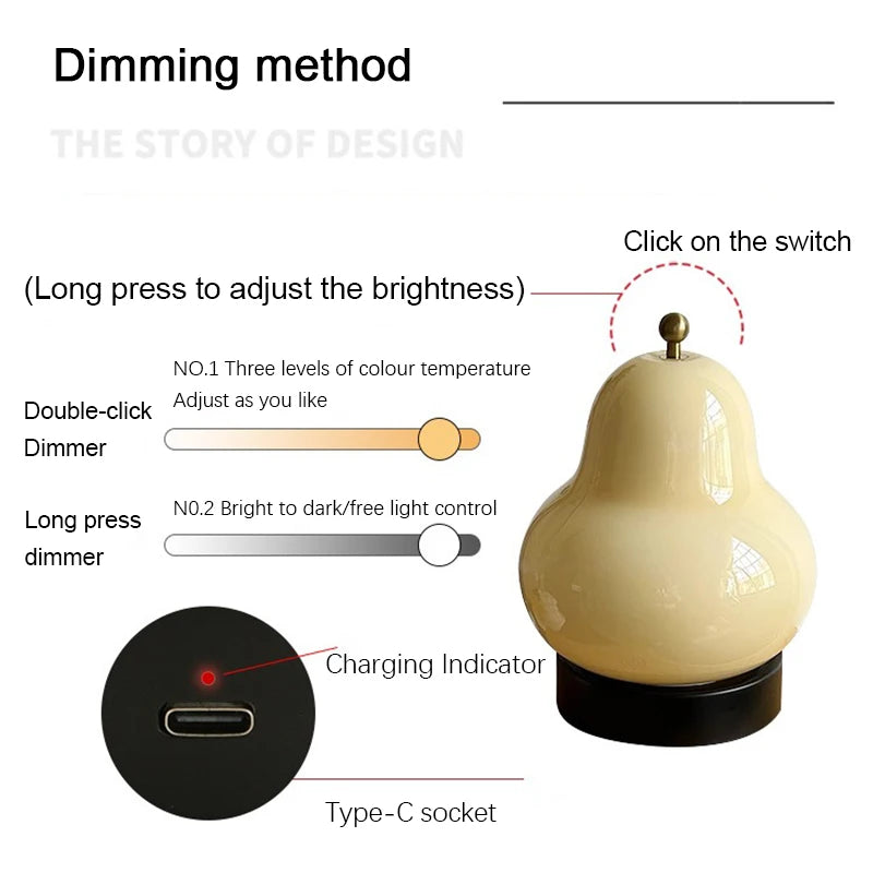 Pear Shaped Glass Table Lamp 3 Lighting Modes Suitable for Bedside Bedroom Study Living Room Decorative Night Light Home Decor