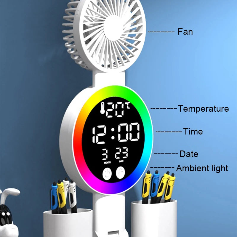 Rechargeable Table Lamp for Study, Desk Lamp Reading Light Led Table Light with Fan, Led Clock Dispaly Reading Lamp