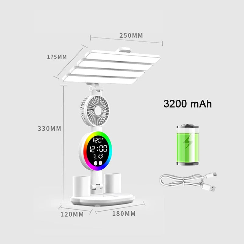 Rechargeable Table Lamp for Study, Desk Lamp Reading Light Led Table Light with Fan, Led Clock Dispaly Reading Lamp