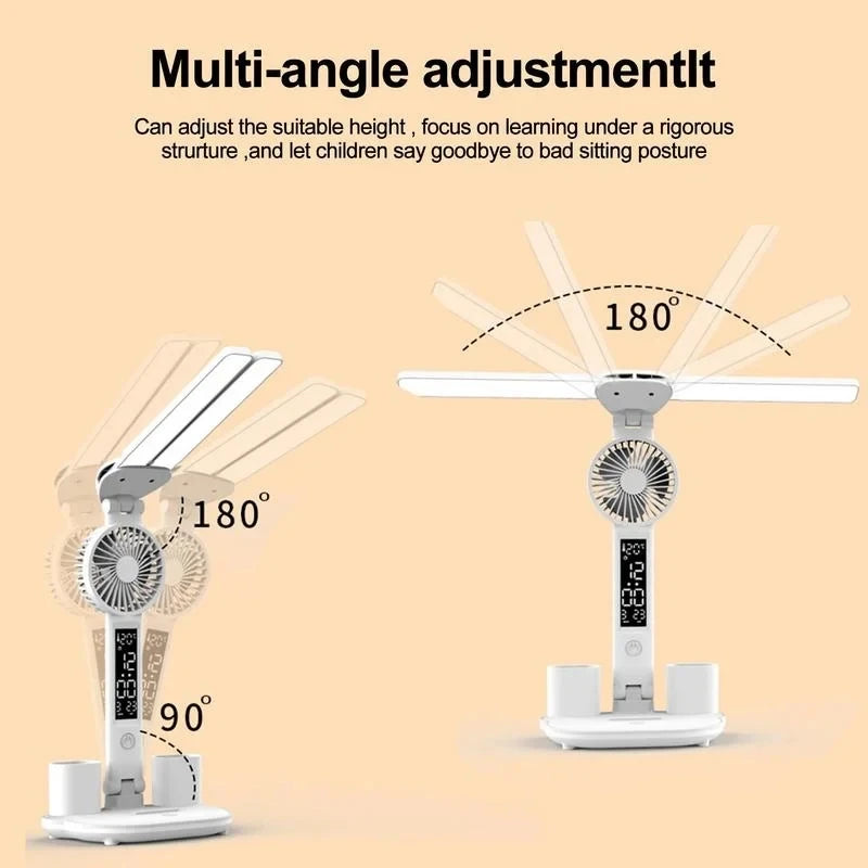 Rechargeable Table Lamp for Study, Desk Lamp Reading Light Led Table Light with Fan, Led Clock Dispaly Reading Lamp