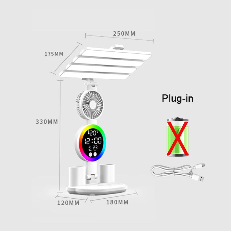 Rechargeable Table Lamp for Study, Desk Lamp Reading Light Led Table Light with Fan, Led Clock Dispaly Reading Lamp