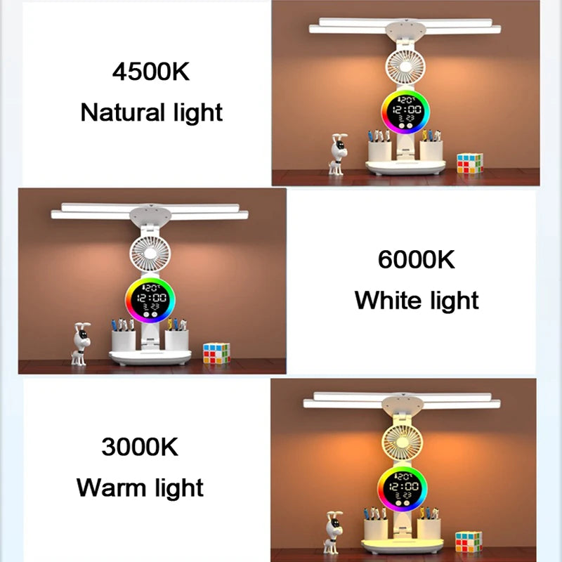 Rechargeable Table Lamp for Study, Desk Lamp Reading Light Led Table Light with Fan, Led Clock Dispaly Reading Lamp