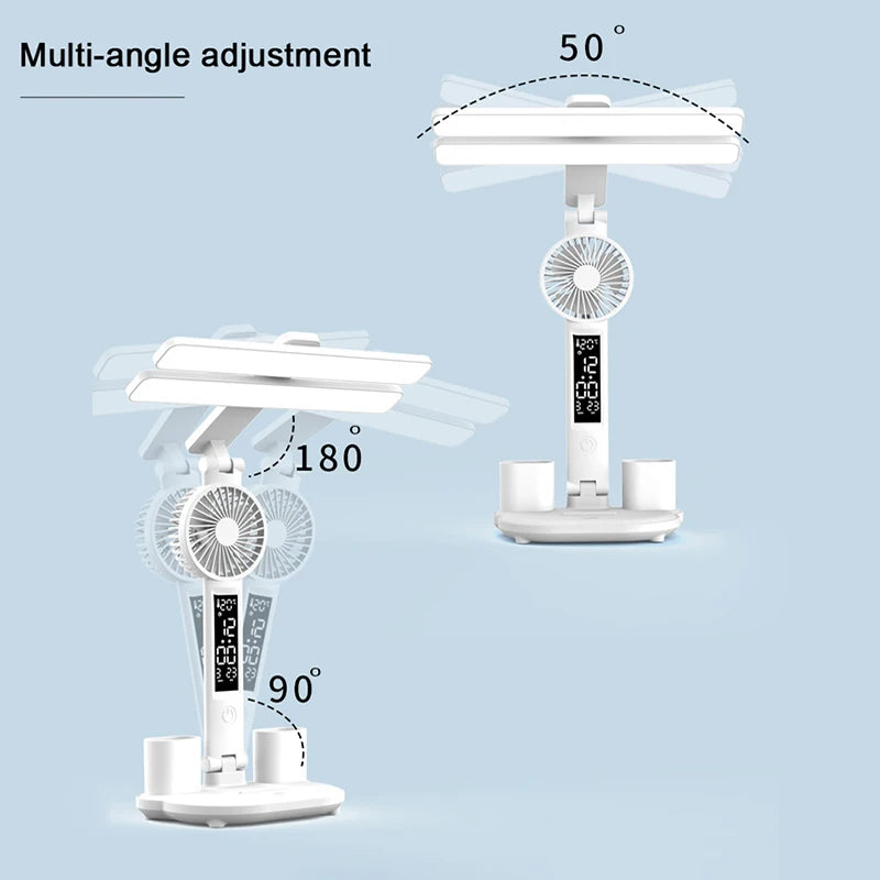 Rechargeable Table Lamp for Study, Desk Lamp Reading Light Led Table Light with Fan, Led Clock Dispaly Reading Lamp