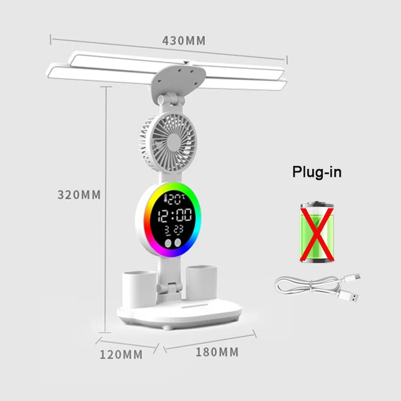 Rechargeable Table Lamp for Study, Desk Lamp Reading Light Led Table Light with Fan, Led Clock Dispaly Reading Lamp