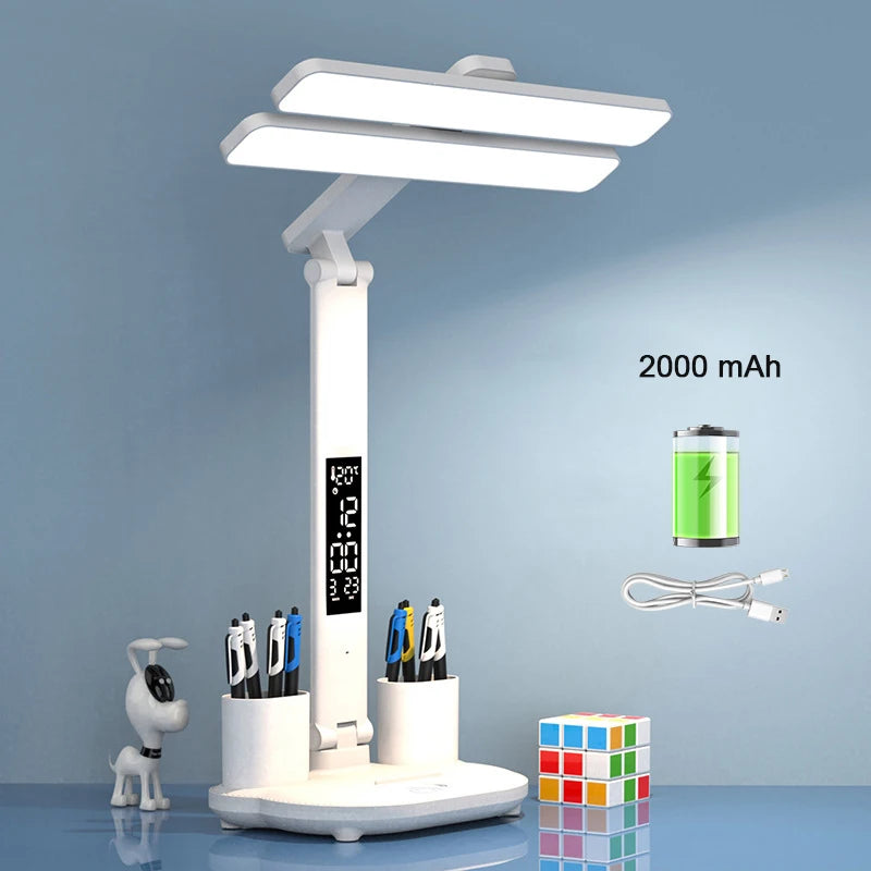 Rechargeable Table Lamp for Study, Desk Lamp Reading Light Led Table Light with Fan, Led Clock Dispaly Reading Lamp