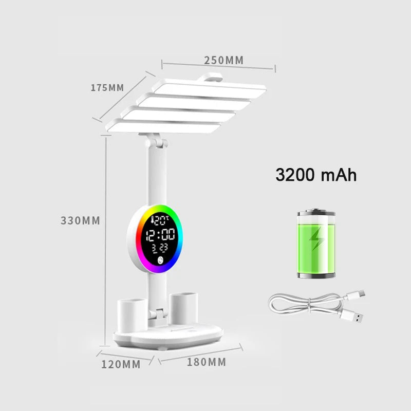 Rechargeable Table Lamp for Study, Desk Lamp Reading Light Led Table Light with Fan, Led Clock Dispaly Reading Lamp