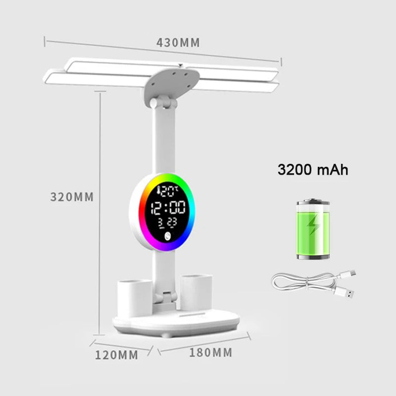 Rechargeable Table Lamp for Study, Desk Lamp Reading Light Led Table Light with Fan, Led Clock Dispaly Reading Lamp