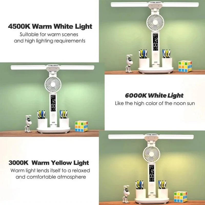 Rechargeable Table Lamp for Study, Desk Lamp Reading Light Led Table Light with Fan, Led Clock Dispaly Reading Lamp