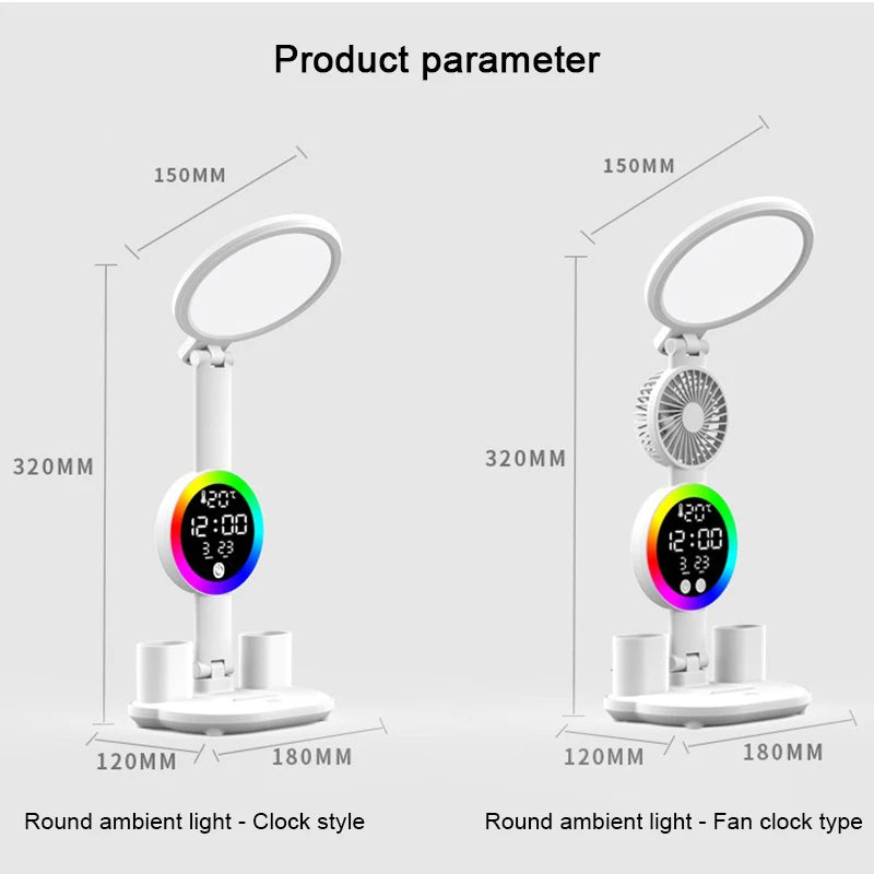 Rechargeable Table Lamp for Study, Desk Lamp Reading Light Led Table Light with Fan, Led Clock Dispaly Reading Lamp