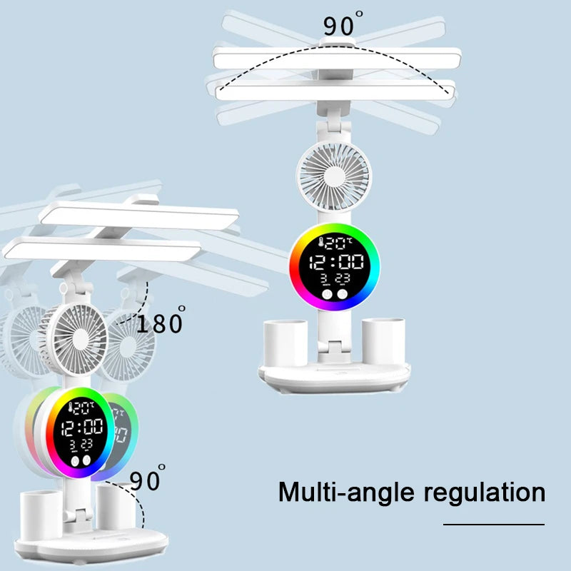 Rechargeable Table Lamp for Study, Desk Lamp Reading Light Led Table Light with Fan, Led Clock Dispaly Reading Lamp