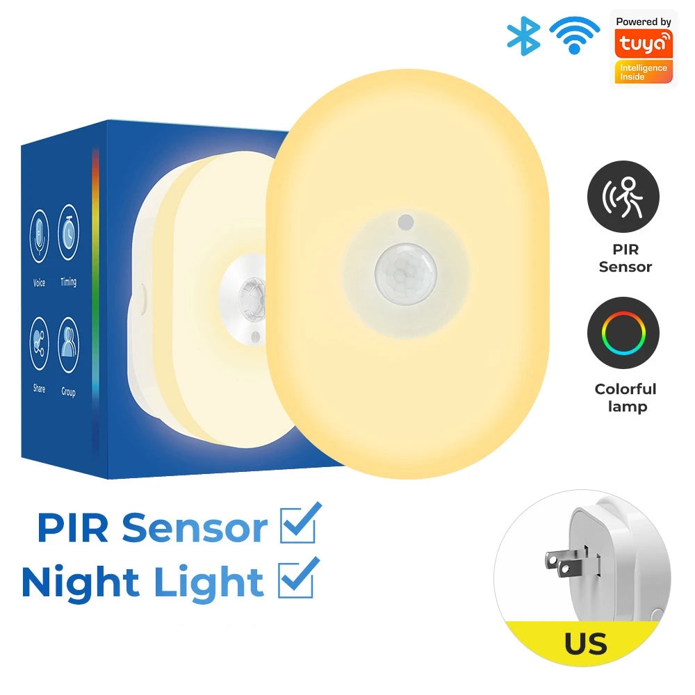 WiFi Tuya Smart Led Night Light PIR Motion Sensor Eu Us Uk Plug In Wall Lamp Warm White RGB Room App Voice For Alexa Google Home