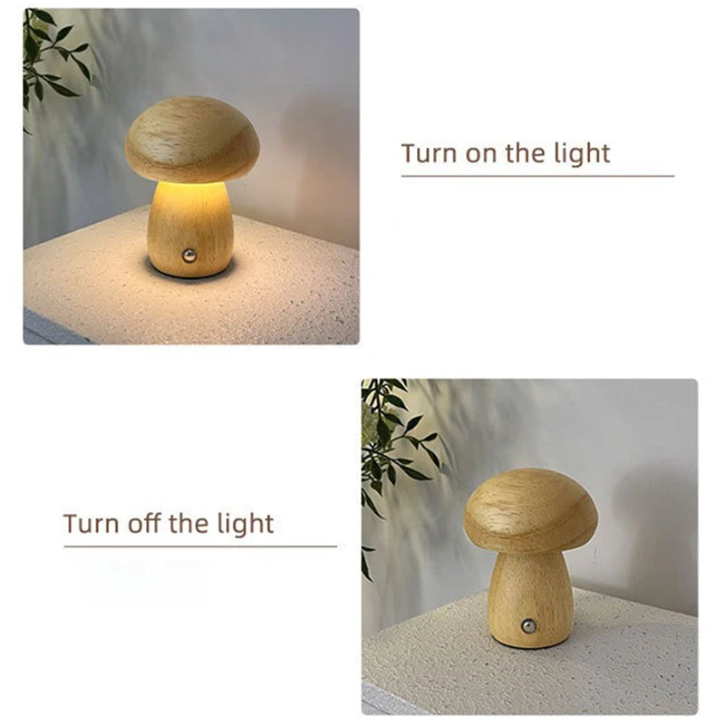 Wooden Mushrooms Night Light Touch Switch Bedroom Bedside Table Lamp Walnut Beech Wood Warm Dimmable Desk Light USB Chargeable